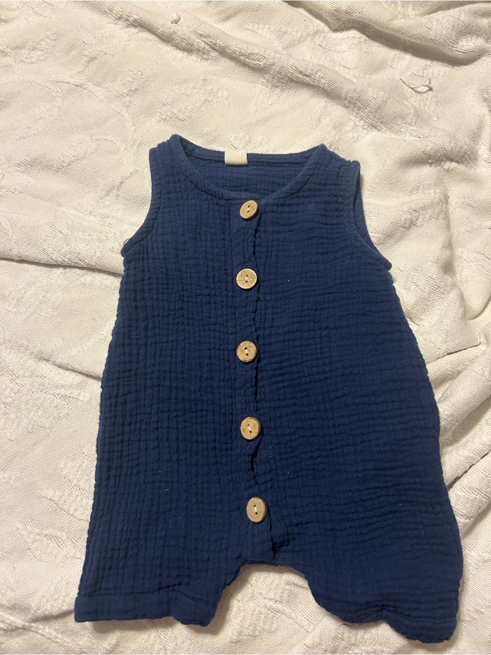 Navy Cotton and Linen Textured Button-Front Baby Romper Size 90 (2T)